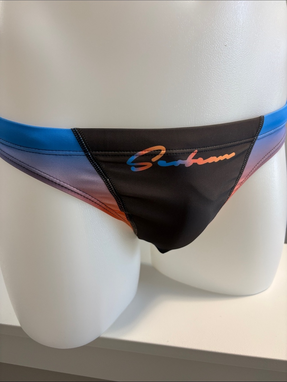 Men's Black Swim Trunk with Blue and Orange Gradient Accents